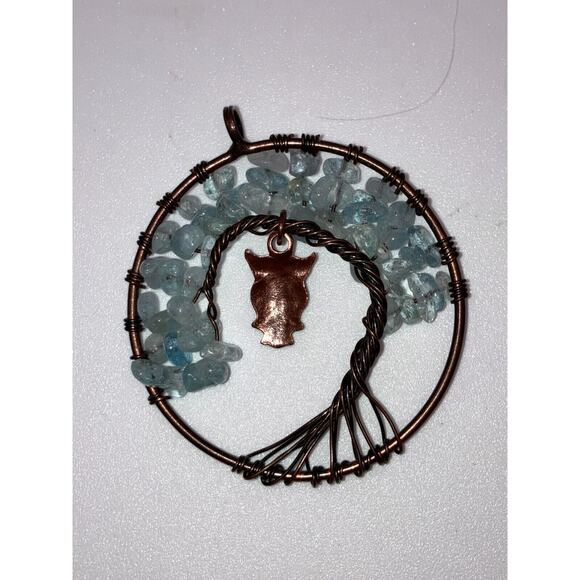 Natural Fluorite Chips Tree of Life Chakra Copper Owl 2 1/8" Pendant! - Picture 2 of 5